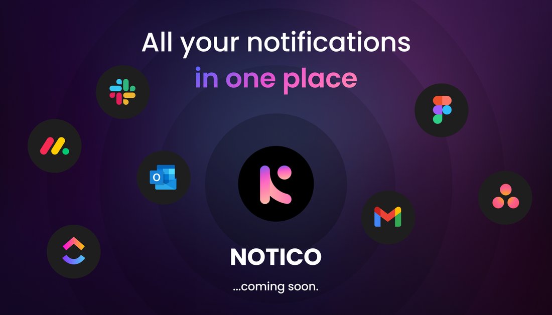Notico at the centre of an orbit of app logos including Slack, Gmail, Outlook, Asana, Figma, ClickUp and Monday, with the caption all your notifications in one place.