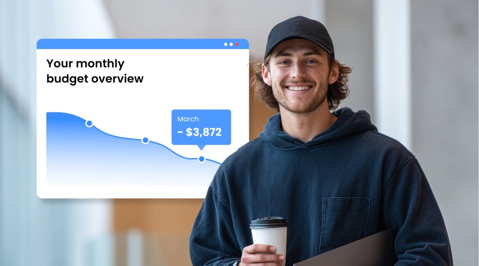 A founder holding coffee beside a falling monthly cost overview, representing operational savings from organised team notifications.