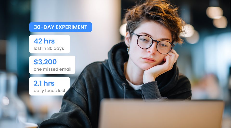 A freelancer looking drained at her laptop, overwhelmed by unmanaged notifications, with 30-day experiment stats overlaid.