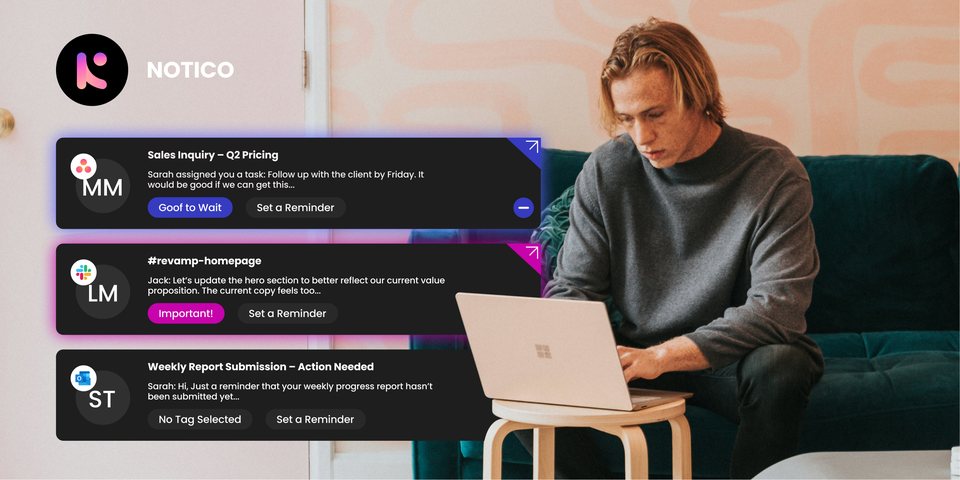 A person working calmly while Notico shows prioritised notification cards, representing notification management that reclaims focus.
