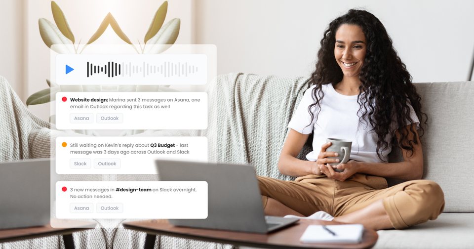A remote worker relaxing with coffee while her Notico morning briefing plays