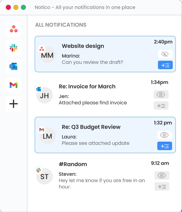 Notico app showing a unified inbox with notifications from Asana, Slack, Outlook and Gmail, each with sender, message preview and time