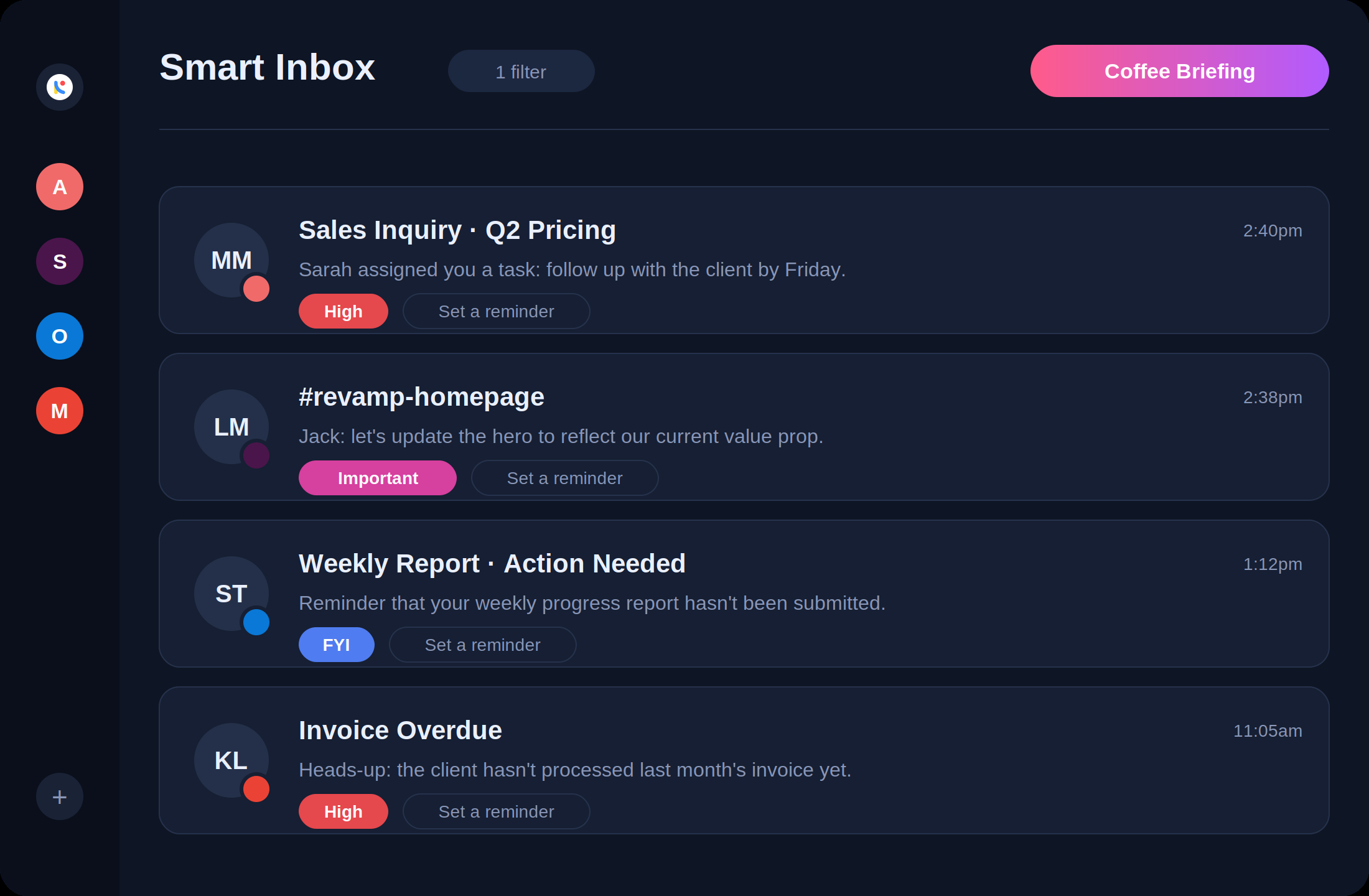 A Notico Smart Inbox mockup showing prioritised notification cards from Asana, Slack, Outlook and Gmail with High, Important and FYI tags, reminders, and a Coffee Briefing button.